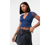 Pink Vanilla Women's Check Cap Sleeve Crop Top in Blue | Size: Medium Pink Vanilla Blue M
