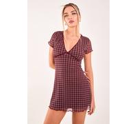 Pink Vanilla Women's Check Cap Sleeve Mini Dress in Burgundy | Size: 6 Pink Vanilla Burgundy 6