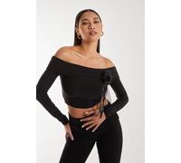 Pink Vanilla Women's Corsage Detail Bardot Long Sleeve Top in Black | Size: Medium Pink Vanilla Black M