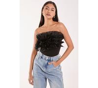 Pink Vanilla Women's Corsage Front Ruffle Bodysuit in Black | Size: Medium Pink Vanilla Black M