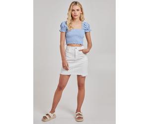 Pink Vanilla Women's Cropped Ruched Check Top in Blue | Size: Medium/Large Pink Vanilla Blue M/L
