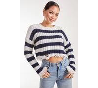 Pink Vanilla Women's Distressed Striped Crop Knit Jumper in Navy | Size: Medium/Large Pink Vanilla Navy M/L