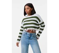 Pink Vanilla Women's Distressed Striped Crop Knit Jumper in White | Size: Medium/Large Pink Vanilla White M/L