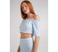 Pink Vanilla Women's Frill Detail Gingham Bardot Top in Blue | Size: Large Pink Vanilla Blue L