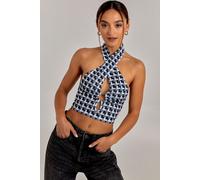 Pink Vanilla Women's Geometric Print Cut Out Halterneck Top in Black | Size: 6 Pink Vanilla Black 6