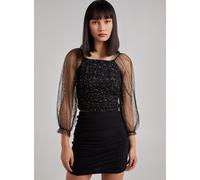 Pink Vanilla Women's Glitter Ruched Top With Sheer Balloon Sleeve in Black | Size: Medium Pink Vanilla Black M