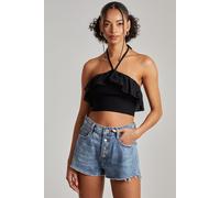 Pink Vanilla Women's Halter Neck Broderie Frill Hem Crop Top in Black | Size: Medium Pink Vanilla Black M