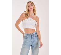 Pink Vanilla Women's Halter Neck Broderie Frill Hem Crop Top in Ivory | Size: Large Pink Vanilla Ivory L
