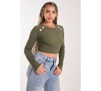 Pink Vanilla Women's Heart Embellishment Rib Knit Top in Khaki | Size: Medium/Large Pink Vanilla Khaki M/L
