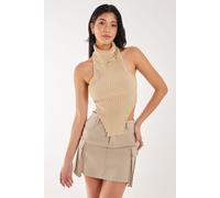 Pink Vanilla Women's High Neck Chunky Knit Halter Top in Stone | Size: Large Pink Vanilla Stone L