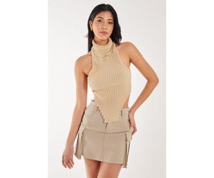 Pink Vanilla Women's High Neck Chunky Knit Halter Top in Stone | Size: Medium Pink Vanilla Stone M