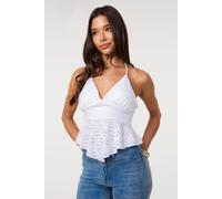 Pink Vanilla Women's Ivory Broderie Hanky Hem Halter Neck Top | Size: Medium Pink Vanilla Ivory M
