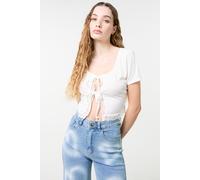 Pink Vanilla Women's Ivory Ribbed Lace Tie Front Top | Size: Medium/Large Pink Vanilla Ivory M/L