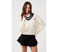 Pink Vanilla Women's Ivory V Neck Cable Knit Teddy Jumper | Size: Medium/Large Pink Vanilla Ivory M/L