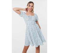 Pink Vanilla Women's Khaki Ditsy Puff Sleeve Tiered Mini Dress | Size: Small Pink Vanilla Khaki S