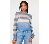Pink Vanilla Women's Light Blue Stripe Crochet Jumper | Size: S/M Pink Vanilla Light Blue S/M