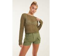 Pink Vanilla Women's Long Sleeve Crochet Top in Khaki | Size: Medium Pink Vanilla Khaki M