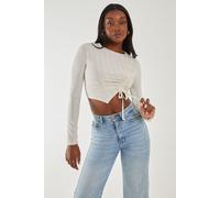 Pink Vanilla Women's Long Sleeve Ruched Asymmetric Top in Stone | Size: Large Pink Vanilla Stone L