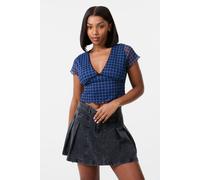 Pink Vanilla Women's Navy Check Cap Sleeve Crop Top | Size: Medium Pink Vanilla Navy M
