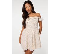 Pink Vanilla Women's Off White Ditsy Off-The Shoulder Mini Dress in Cream | Size: 12 Pink Vanilla Cream 12