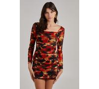 Pink Vanilla Women's Orange Ruched Smudge Print Long Sleeved Dress | Size: 6 Pink Vanilla Orange 6