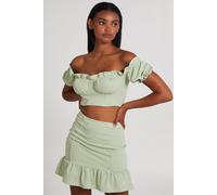 Pink Vanilla Women's Pale Green Frill Detail Milkmaid Top | Size: Medium Pink Vanilla Pale Green M