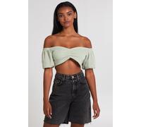 Pink Vanilla Women's Pale Green Waffle Rib Ruched Crop Top | Size: Large Pink Vanilla Pale Green L