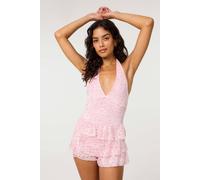 Pink Vanilla Women's Pink Lace Halter Neck Tiered Playsuit | Size: Medium Pink Vanilla Pink M