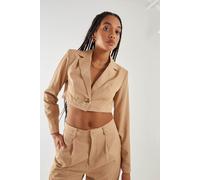 Pink Vanilla Women's Pinstripe Cropped Blazer in Stone | Size: 6 Pink Vanilla Stone 6