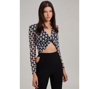 Pink Vanilla Women's Printed Long Sleeve Twist Front Top in Black | Size: Large Pink Vanilla Black L