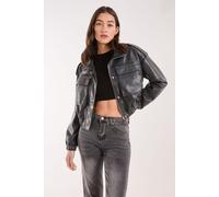 Pink Vanilla Women's PU Utility Cropped Bomber Jacket in Black | Size: Medium Pink Vanilla Black M