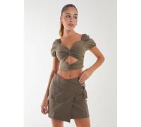 Pink Vanilla Women's Puff Sleeve Bengaline Cropped Top in Khaki | Size: Medium Pink Vanilla Khaki M