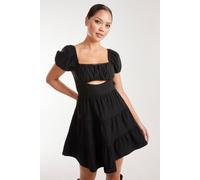 Pink Vanilla Women's Puff Sleeve Peekaboo Tiered Mini Dress in Black | Size: 10 Pink Vanilla Black 10