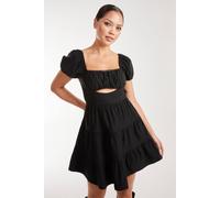 Pink Vanilla Women's Puff Sleeve Peekaboo Tiered Mini Dress in Black | Size: 8 Pink Vanilla Black 8