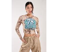 Pink Vanilla Women's Racer Washed Printed Long Sleeve Top in Khaki | Size: Large Pink Vanilla Khaki L
