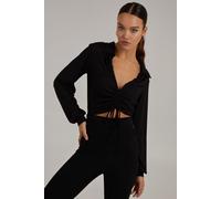 Pink Vanilla Women's Ribbed Ruched Long Sleeve Collard T-Shirt in Black | Size: Small Pink Vanilla Black S