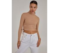 Pink Vanilla Women's Ruched High Neck Side Top in Stone | Size: Large Pink Vanilla Stone L