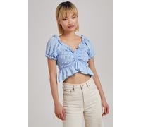 Pink Vanilla Women's Ruched Puff Sleeve Frill Trim Top in Blue | Size: Small Pink Vanilla Blue S