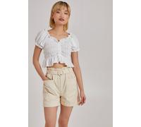 Pink Vanilla Women's Ruched Puff Sleeve Frill Trim Top in Ivory | Size: Large Pink Vanilla Ivory L