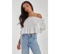 Pink Vanilla Women's Shirred Detail Puff Sleeve Crop Top in White | Size: Small Pink Vanilla White S