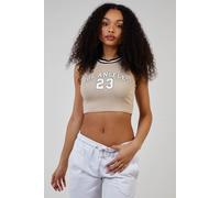 Pink Vanilla Women's Sports Stripe Varsity Super Crop Top in Stone | Size: Medium Pink Vanilla Stone M