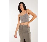 Pink Vanilla Women's Stone Washed Stretch Crop Top in Khaki | Size: Large Pink Vanilla Khaki L