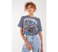 Pink Vanilla Women's Striped Printed Graphic Tee in White | Size: Small Pink Vanilla White S