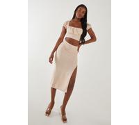 Pink Vanilla Women's Textured Jersey Puff Sleeve Top in Stone | Size: Large Pink Vanilla Stone L