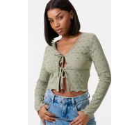 Pink Vanilla Women's Tie Front Cutwork Cardigan in Khaki | Size: Medium Pink Vanilla Khaki M