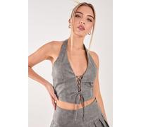 Pink Vanilla Women's Washed PU Tie Detail Corset Top in Black | Size: Medium Pink Vanilla Black M