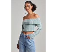 Pink Vanilla Women's Wide Brushed Ribbed Bardot Top in Green | Size: Large Pink Vanilla Green L