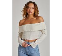 Pink Vanilla Women's Wide Brushed Ribbed Bardot Top in Ivory | Size: Large Pink Vanilla Ivory L