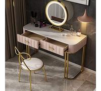 Pink Vanity Set with Round Mirror Cushioned Stool 2 Drawer Makeup Table Spacious Countertop & Storage Shelves Stylish Dressing Table for Elegant Makeup Experience (100cm)