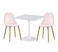 (Pink Velvet Chairs) Charles Jacobs White Square Ceramic Dining Table & 2 Designer Chairs Dining Set